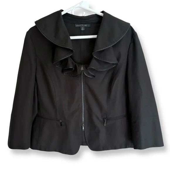 Lafayette 148 New York Black Blazer Career Jacket Size 12 Ruffled Zipper Necklin - Picture 2 of 13